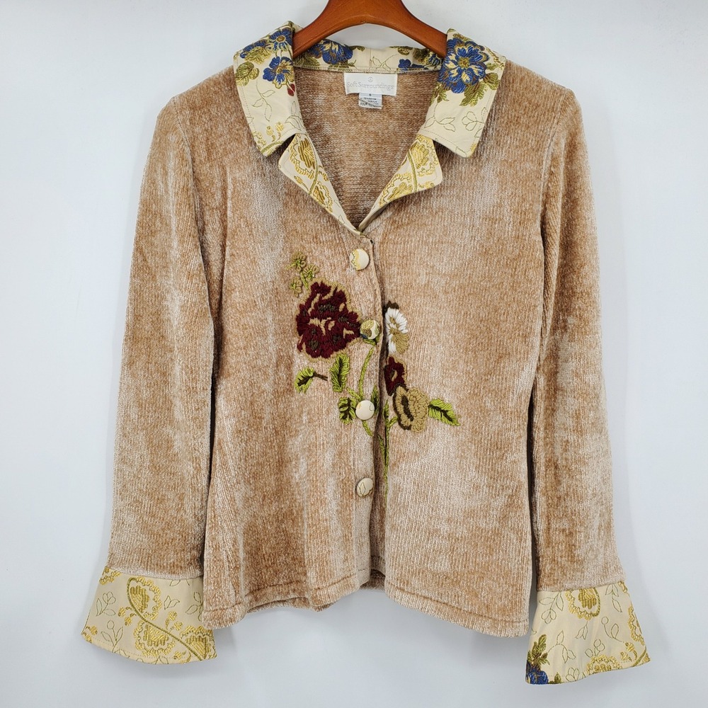 Soft Surroundings Tan Chenille Cardigan Floral Embroidery Tapestry Small Cottage